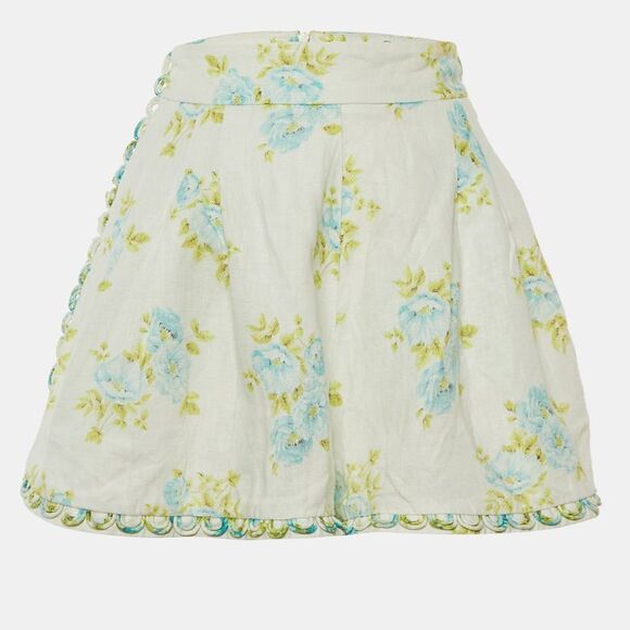 Zimmermann White Floral Print Linen Whitewave Pleated Shorts M